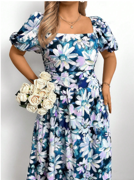 Plus Size Women Fashion All-Over Floral Print Square Neck Ruched Short Sleeve Dress Carousel 3
