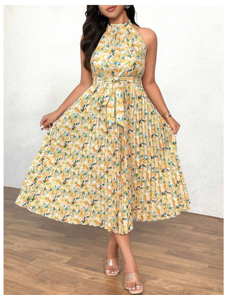 Plus Size Women Floral Print Halter Neck A-Line Pleated Hem Dress