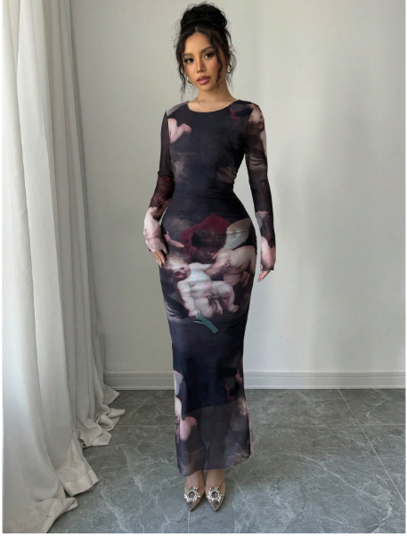 Round Neck Fitted Angel Doll Print Women Dress Carousel 2
