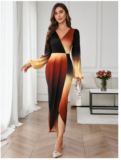Women's Elegant Gradient Surplice Wrap V-Neck Long Sleeve Lantern Sleeve Maxi Sweater Dress Carousel 5