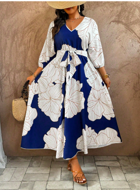 Plus Size Women Floral Print V-Neck Lantern Sleeve Elegant Carousel 2