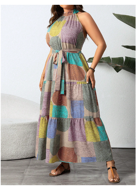 Plus Size Women Resort Style Halter Neck Sleeveless Maxi Dress Carousel 3