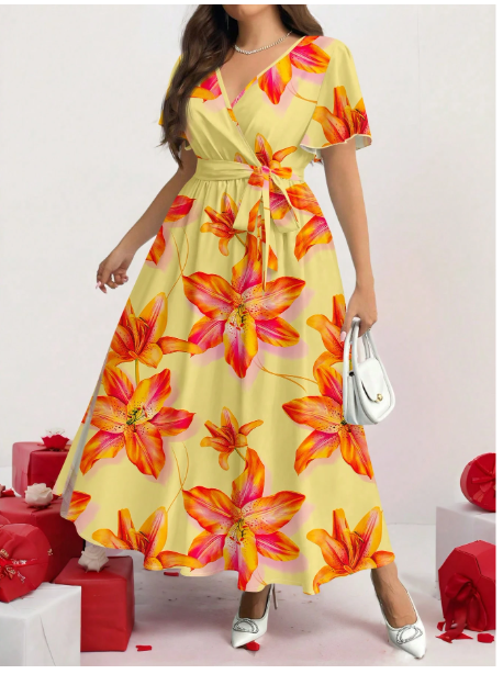 Plus Size Floral Print Casual Retro Loose Dress