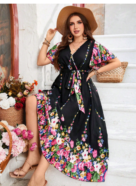Plus Size Women Boho Floral Print Ruffle Butterfly Sleeve Self-Tie Woven Carousel 3