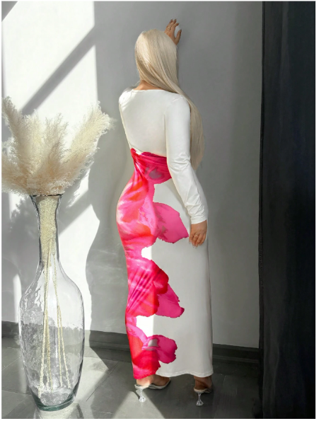 Plus Size Women Flower Print Form-Fitting Long Sleeve Bodycon Dress Carousel 1