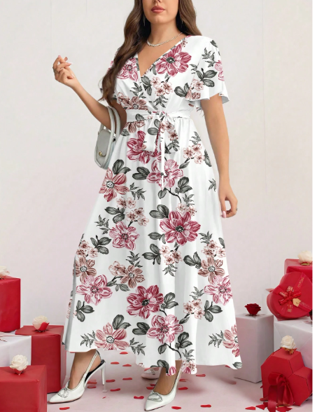 Retro Floral Pattern Loose Fit Plus Size Dress Carousel 1