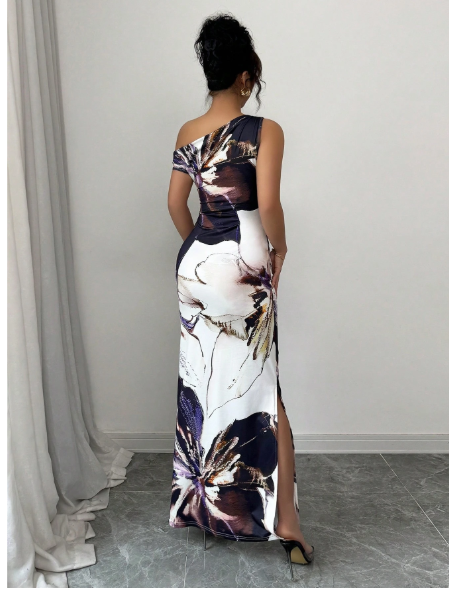 Women's Oblique Shoulder Printed Long Dress Carousel 2