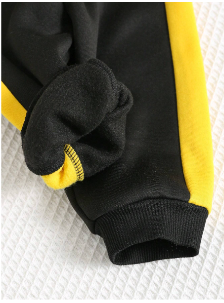 2pcs Baby Boy/Girl Black & Yellow Patchwork Sweatshirt And Loose Fit Color Block Jogger Pants Set Carousel 3