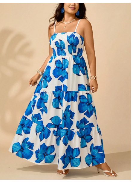 Plus Size Women's Open Shoulder Sleeveless A-Line Dress With Floral Print Carousel 2