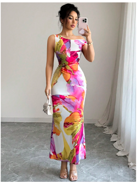 1pc Oblique Shoulder Waist Cinched Fitted Floral Print Dress Carousel 3