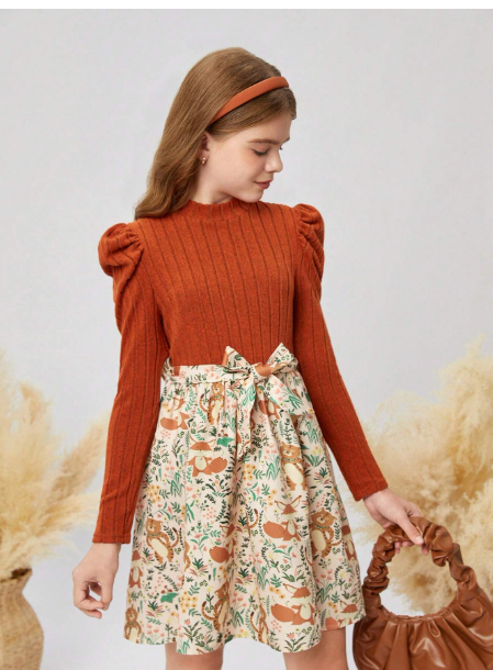 ween Girl Casual Vintage Elegant Knitted Rib Patchwork Ditsy Floral Puff Sleeve Belted A-Line Long Dress Carousel 5