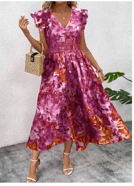 Women's Summer V-Neck Ruffle Hem Dress Maxi Women Outfit