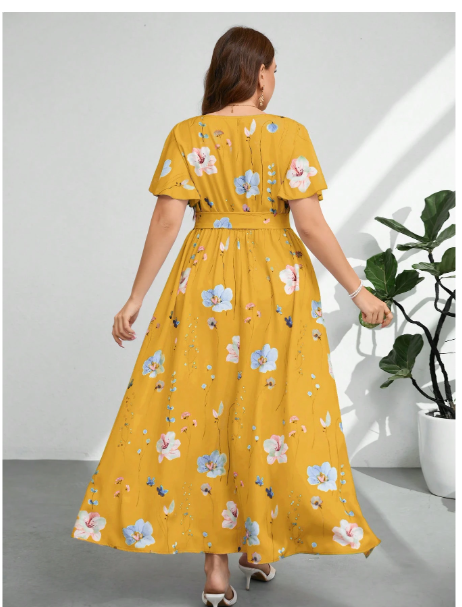 Plus Size Women V-Neck Loose Fit Drawstring Waist Slit Print Carousel 1