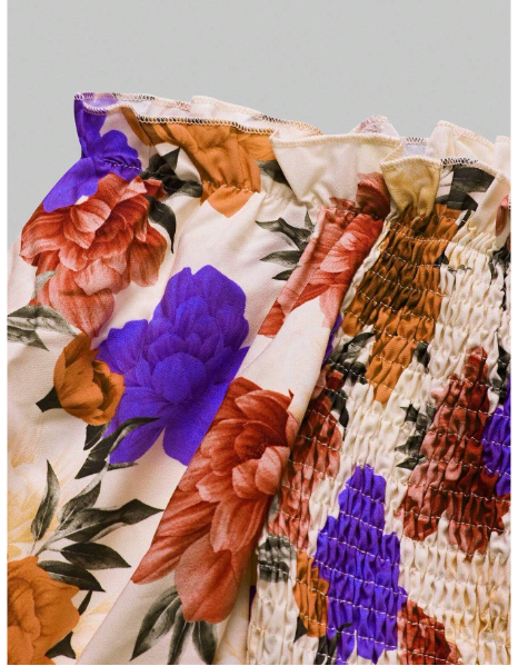Women Floral Print Short Sleeve Off-The-Shoulder  Carousel 5