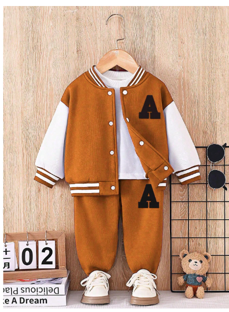 1 Set Baby Boy Cardigan Snap Button Baseball Jacket With Letter Print And Letter Print Elastic Waist Pants Carousel 5