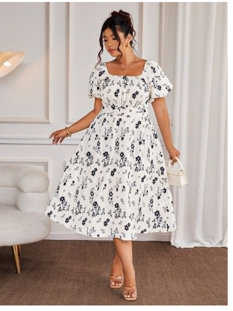 Plus Size Solid Color Floral Print Textured Fabric Square Neck Lantern Short Sleeve Cinched Waist Flared Hem Elegant Long Dress: