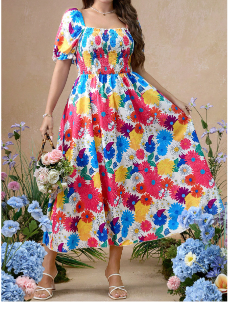 Plus Size Women Elegant Floral Print Short Sleeve Maxi Dress Carousel 2