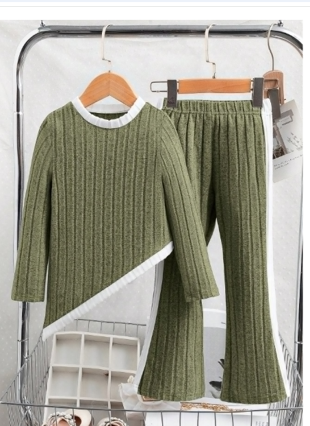 2pcs/Set Young Girl Contrast Color Ribbed Fabric Top And Side Stripe Pants