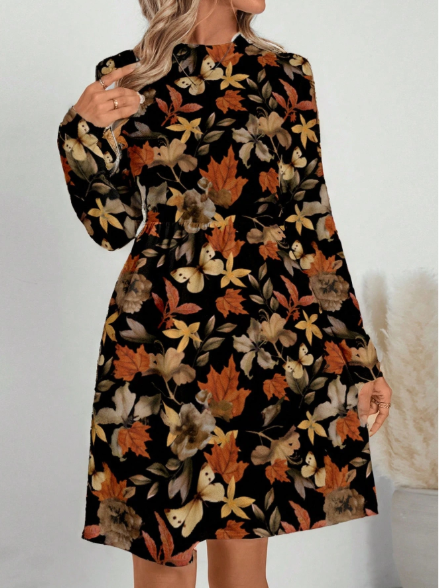 Casual Minimalist Leaf & Flower Graphic Loose Fit Round Neck Dress For Women