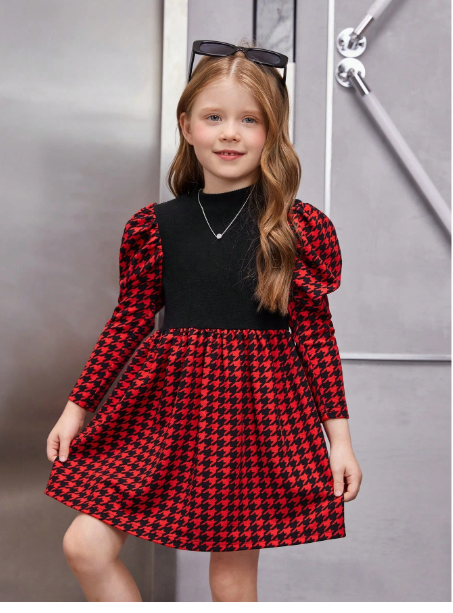 Young Girl Houndstooth Print Gigot Sleeve Dress