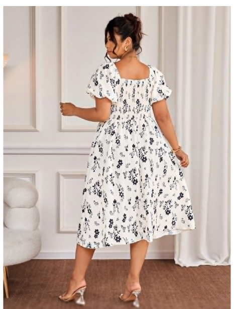 Plus Size Solid Color Floral Print Textured Fabric Square Neck Lantern Short Sleeve Cinched Waist Flared Hem Elegant Long Dress: Carousel 1