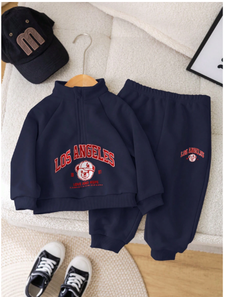 2pcs Baby Boy/Girl Cute Letter Print Mock Collar Sweatshirt And Elastic Waist Pants Set Carousel 5