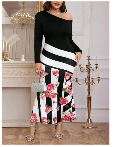 Women's Sexy Form-Fitting Rose Flower Striped Color Block Off Shoulder Long Sleeve Dress