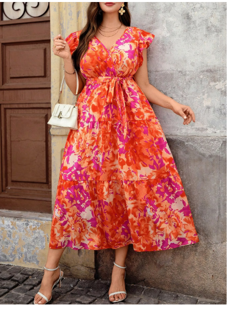 Plus Size Women Floral All-Over Print V-Neck Casual Holiday Ruffle Hem Midi Dress Carousel 3