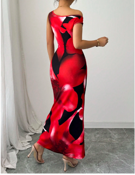 Floral Print Off-The-Shoulder Waist Shaping Fitted Dress Carousel 1