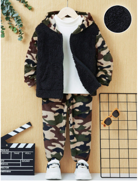 Young Boy Camo Print Hooded Fluffy Jacket & Pants Without Tee
