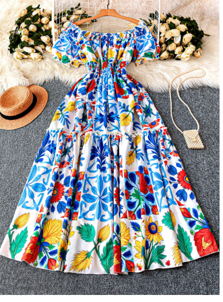 Plus Size Women Off-Shoulder Tied Waist Printed Short Puff Sleeve Bohemian Style Carousel 3