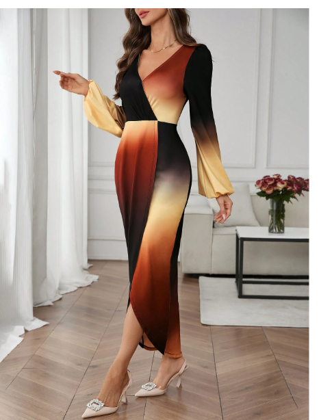 Women's Elegant Gradient Surplice Wrap V-Neck Long Sleeve Lantern Sleeve Maxi Sweater Dress Carousel 4