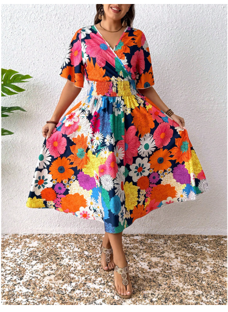 Plus Size Women Summer V-Neck Floral Print Waisted Dress Carousel 2