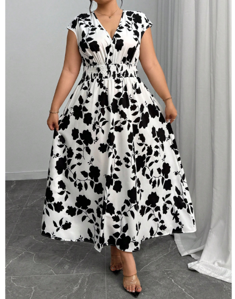 Women's Summer Shirred Floral Print Loose Elegant Dress