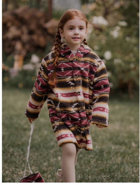 Young Girl Geometric Pattern Button Decor Jacket