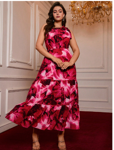 Plus Size Women Floral Print Ruffle Hem Asymmetrical Shoulder Dress Carousel 3
