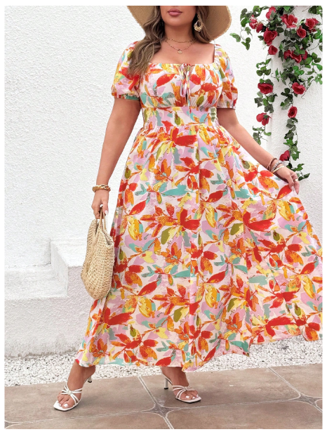 Plus Size Women Plant Print Tie Front Short Sleeve Casual Dress
