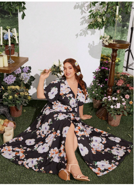 Plus Size Elegant Floral Print Tie-Front Dress Carousel 6