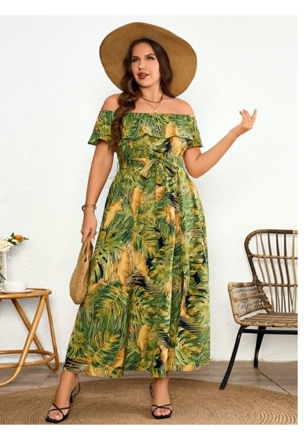 Plus Size Women's Woven Tropical Floral Print Off Shoulder Tie Bow Dress