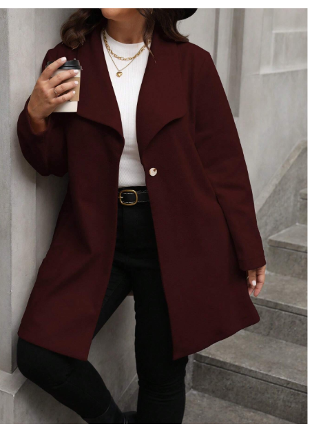 Plus Size Women's Solid Color Long Sleeve Single-Breasted Lapel Casual Overcoat