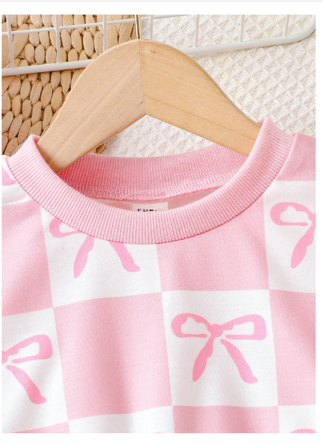 2pcs/Set Young Girl Casual Minimalist Pink Bow Decor Cute Style Outfit Carousel 2