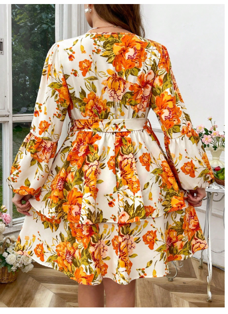 Plus Size Women Floral Print Lantern Sleeve Elegant Dress  Carousel 1