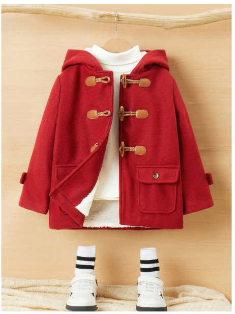 Young Boy Flap Pocket Teddy Lined Hooded Duffle Overcoat Without Sweater