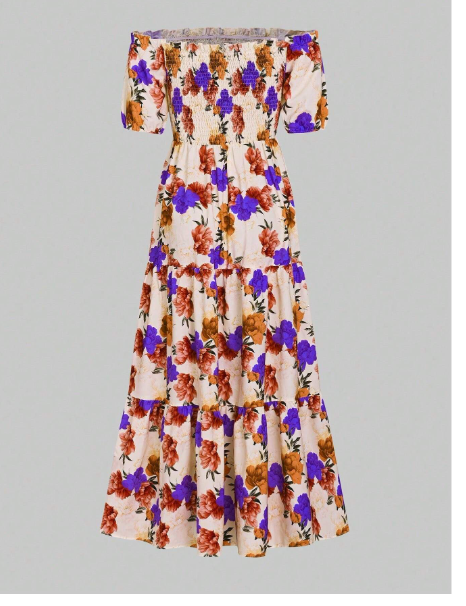 Women Floral Print Short Sleeve Off-The-Shoulder  Carousel 1