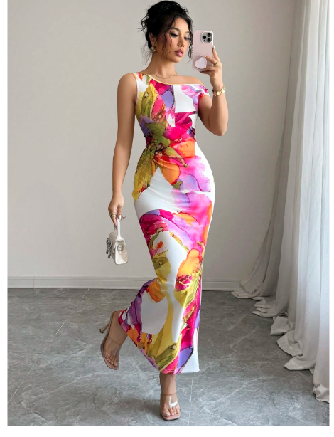 1pc Oblique Shoulder Waist Cinched Fitted Floral Print Dress Carousel 1