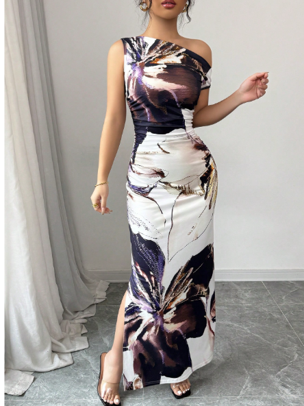Women's Oblique Shoulder Printed Long Dress Carousel 5