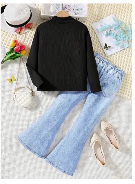 2pcs/Set Tween Girls' Casual Elegant Comfortable Simple High Collar Long Sleeve Knit Sweater Carousel 1