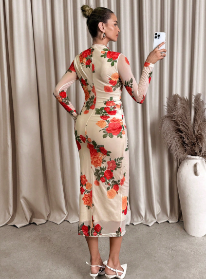 Floral Print Ruched Fitted Dress Carousel 1
