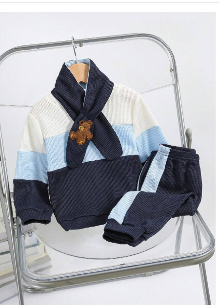 3pcs/Set Infant/Toddler Knitted Textured Jacquard Double Layer Padded Sweatshirt, Pants And Scarf Set Carousel 7