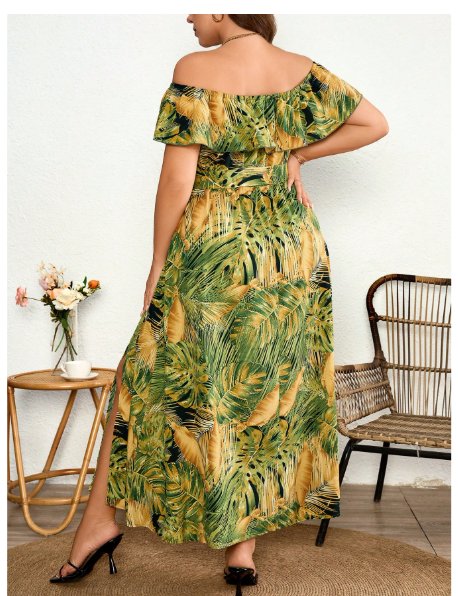Plus Size Women's Woven Tropical Floral Print Off Shoulder Tie Bow Dress Carousel 1